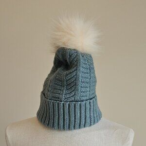 Cozy Blue Knit Beanie with White Pom Pom
